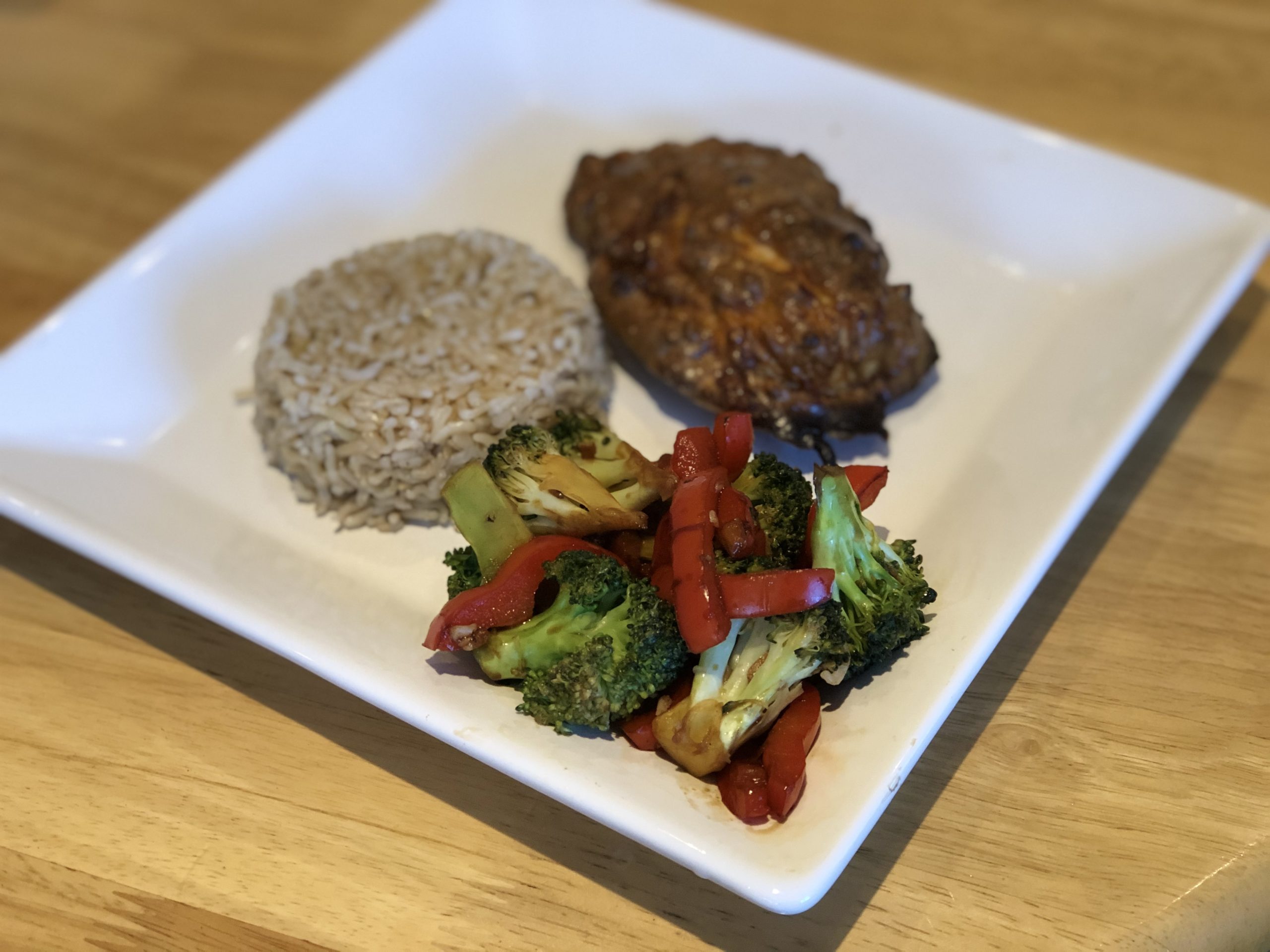 Stir Fried Garlic Soy Veg with Baked Chicken Satay & Rice
